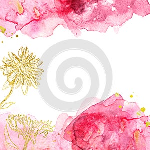 Watercolor abstract pink and burgundy background with gold flowers, hand drawn liquid texture with manual graphic. Banner