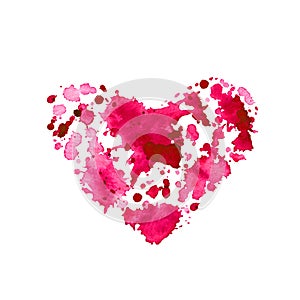 Watercolor abstract pink stain with splashes in shape of the heart