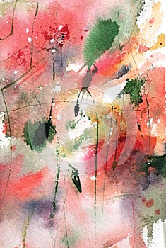 Watercolor abstract red, green and black background, hand drawing