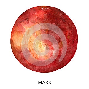Watercolor abstract red Mars planet. Hand painted satellite isolated on white background. Minimalistic space
