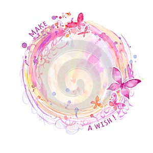 Watercolor abstract round composition with pink butterflies. Fantasy mirror-like concept, decorative background