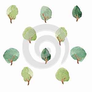 watercolor abstract seamless green trees pattern on white watercolor