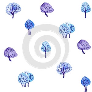 Watercolor abstract seamless pattern blue trees on white background