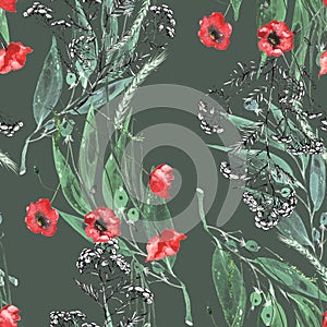 Watercolor abstract seamless pattern. Colored background. Leaves, poppy flower, spikelet, branches with berries. Autumn leaves.