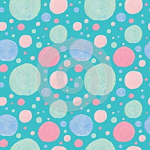 Watercolor abstract seamless pattern with pink green color on blue background