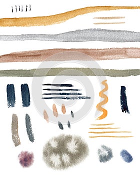 Watercolor abstract set with stripes and spots. Collection of pastel color design elements in scandinavian style