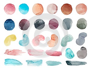 Watercolor abstract shapes. Minimalist geometric paint splash, stain and brush stroke. Colorful blobs with realistic art texture