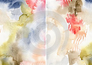 Watercolor abstract textures of green, red, blue, orange, brown and white spots. Hand painted pastel illustration