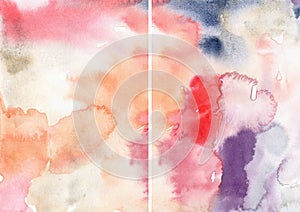 Watercolor abstract textures of orange, pink, violet, blue, red and white spots. Hand painted pastel illustration