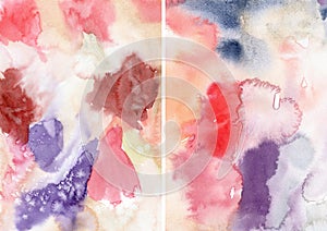 Watercolor abstract textures of violet, red, pink, blue and white spots. Hand painted pastel illustration isolated on