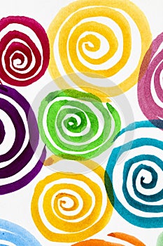 Watercolor abstraction bright circles and spirals. Colored stripes. Artistic background. Postcard.Original abstract art