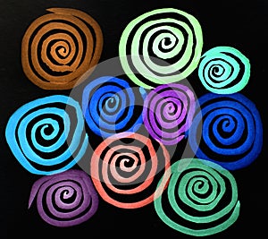 Watercolor abstraction bright circles and spirals. Colored stripes. Artistic background. Postcard.Original abstract art