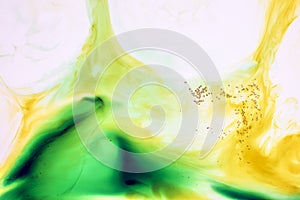 Watercolor and acrylic abstract. Colorful background. Mix, splashes and drawings of colors: green, yellow, brown, white background