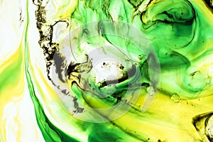 Watercolor and acrylic abstract. Colorful background. Mix, splashes and drawings of colors: green, yellow, brown, white background