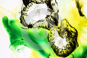 Watercolor and acrylic abstract. Colorful background. Mix, splashes and drawings of colors: green, yellow, brown, white background