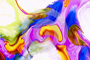 Watercolor and acrylic abstract. Colorful background. Mix, splashes and drawings of colors: red, yellow, blue, green, brown, white