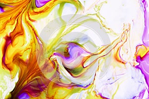 Watercolor and acrylic abstract. Colorful background. Mix, splashes and drawings of colors: red, yellow, blue, green, brown, white