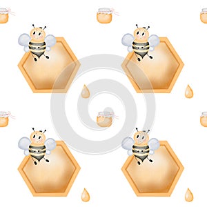 Watercolor adoreble bee and honeycomb, jar of honey and drops seamless pattern. Cute pattern for printing on