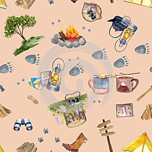 Watercolor adventure camping seamless multidirectional pattern on peach background