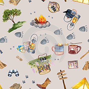 Watercolor adventure camping seamless multidirectional pattern on pinkish grey background