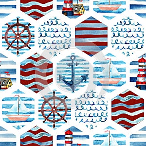 Watercolor adventure seamless pattern in patchwork marine style.