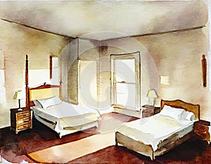 Watercolor of An aerial shot of a bedroom featuring lamps on each