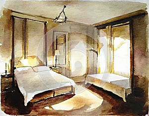 Watercolor of An aerial shot of a bedroom featuring lamps on each