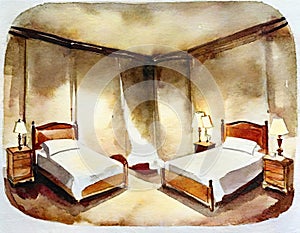 Watercolor of An aerial shot of a bedroom featuring lamps on each