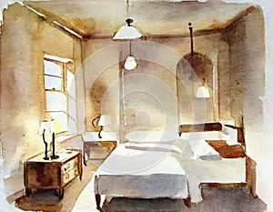 Watercolor of An aerial shot of a bedroom featuring lamps on each