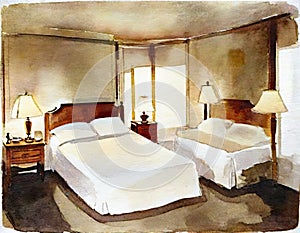 Watercolor of An aerial shot of a bedroom featuring lamps on each