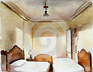 Watercolor of An aerial shot of a bedroom featuring lamps on each