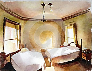 Watercolor of An aerial shot of a bedroom featuring lamps on each