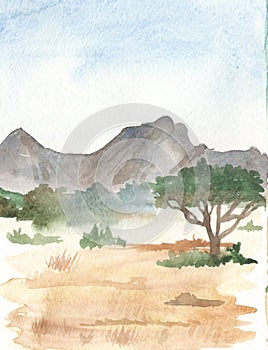 Watercolor African landscape with mountains, trees, meadow