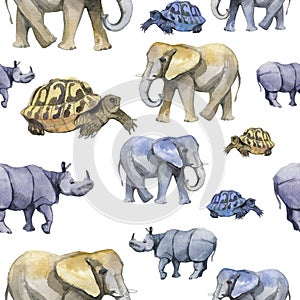 Watercolor african pattern with elefant, rhinoceros and turtle.