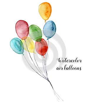 Watercolor air balloon. Hand painted party objects isolated on white background. Greeting object for design or print.