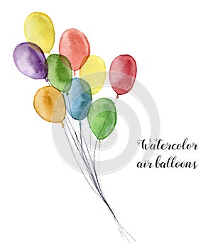 Watercolor air balloons. Hand painted party objects isolated on white background. Greeting object for design or print.