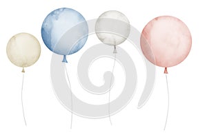Watercolor Air Balloons on isolated background. Hand drawn illustration for greeting cards or invitations. Set of