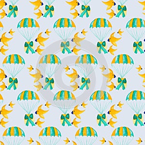 Watercolor air baloon and birds, seamless pattern