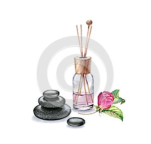 Watercolor Air refresher bottle, stones, rose flowers. Pink liquid with wooden sticks. Spa and cosmetic products