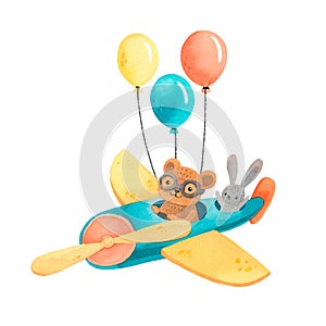 Watercolor air transport with cute bunny and bear in plane with air balloon