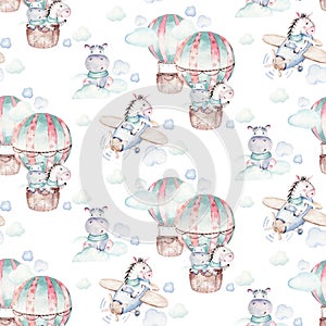 Watercolor airplane kid seamless pattern. Watercolor toy background baby cartoon cute pilot hippopotamus, zebra with hippo, lion