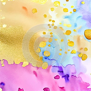 Watercolor, alcohol ink fluid wallpaper with gold, pink, purple and blue colors, luxury, rich grunge background with metal golden