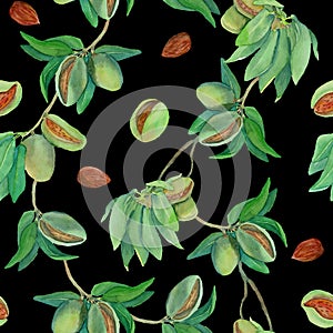 Watercolor almond branches pattern on black