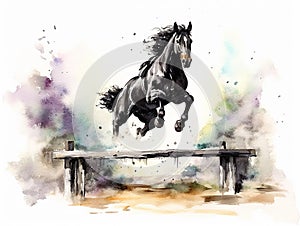 watercolor amazing jumping horse jumping a very high hurdle, equestrian competitions, horse clip art, watercolor style, ai,