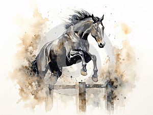 watercolor amazing jumping horse jumping a very high hurdle, equestrian competitions, horse clip art, watercolor style, ai,