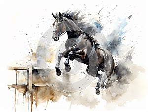 watercolor amazing jumping horse jumping a very high hurdle, equestrian competitions, horse clip art, watercolor style, ai,