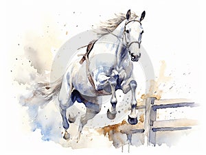 watercolor amazing jumping horse jumping a very high hurdle, equestrian competitions, horse clip art, watercolor style, ai,