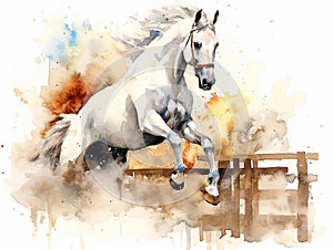 watercolor amazing jumping horse jumping a very high hurdle, equestrian competitions, horse clip art, watercolor style, ai,