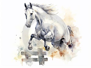 watercolor amazing jumping horse jumping a very high hurdle, equestrian competitions, horse clip art, watercolor style, ai,