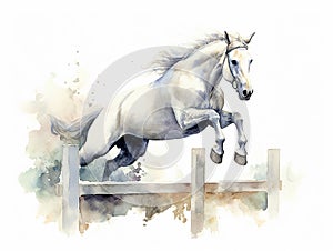 watercolor amazing jumping horse jumping a very high hurdle, equestrian competitions, horse clip art, watercolor style, ai,